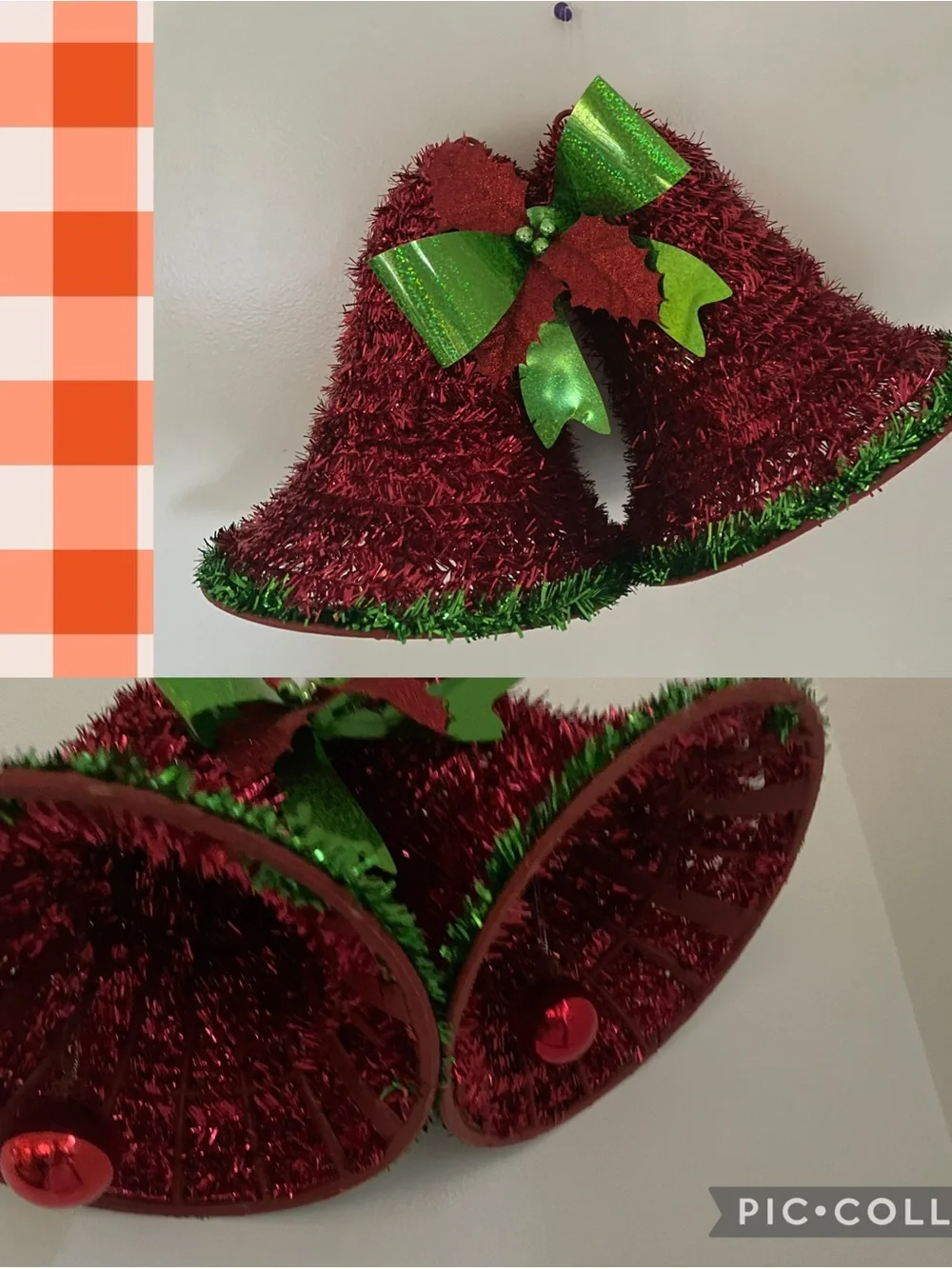 Lot off Wall Hanging Red Glitter Bells 1 Green Bow Poinsettia + 2 Red Glitter